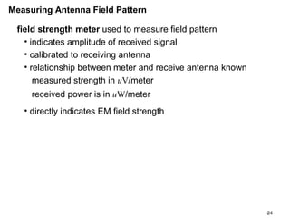 Measuring Antenna Field Pattern
field strength meter used to measure field pattern
• indicates amplitude of received signal
• calibrated to receiving antenna
• relationship between meter and receive antenna known
measured strength in uV/meter
received power is in uW/meter
• directly indicates EM field strength

24

 