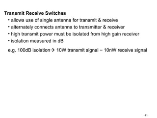 Transmit Receive Switches
• allows use of single antenna for transmit & receive
• alternately connects antenna to transmitter & receiver
• high transmit power must be isolated from high gain receiver
• isolation measured in dB
e.g. 100dB isolation 10W transmit signal ≈ 10nW receive signal

41

 