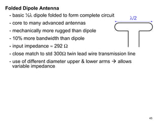 Folded Dipole Antenna
- basic ½λ dipole folded to form complete circuit
- core to many advanced antennas

λ/2

- mechanically more rugged than dipole
- 10% more bandwidth than dipole
- input impedance ≈ 292 Ω
- close match to std 300Ω twin lead wire transmission line
- use of different diameter upper & lower arms  allows
variable impedance

45

 
