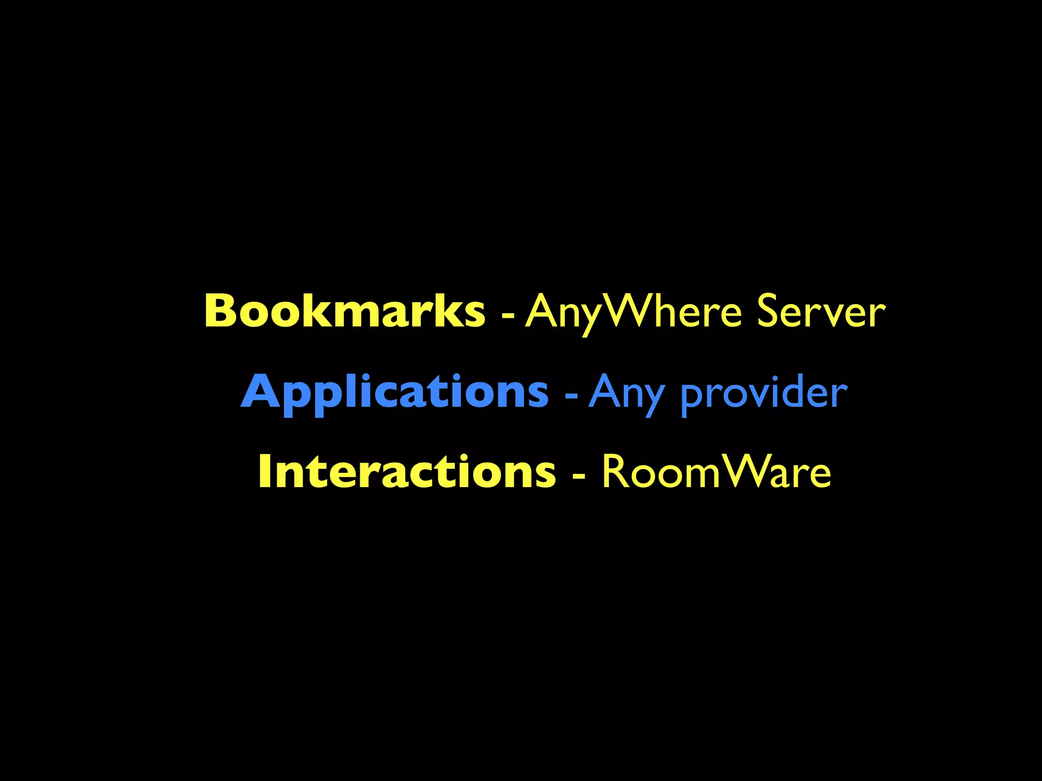Bookmarks - AnyWhere Server
 Applications - Any provider
  Interactions - RoomWare
 