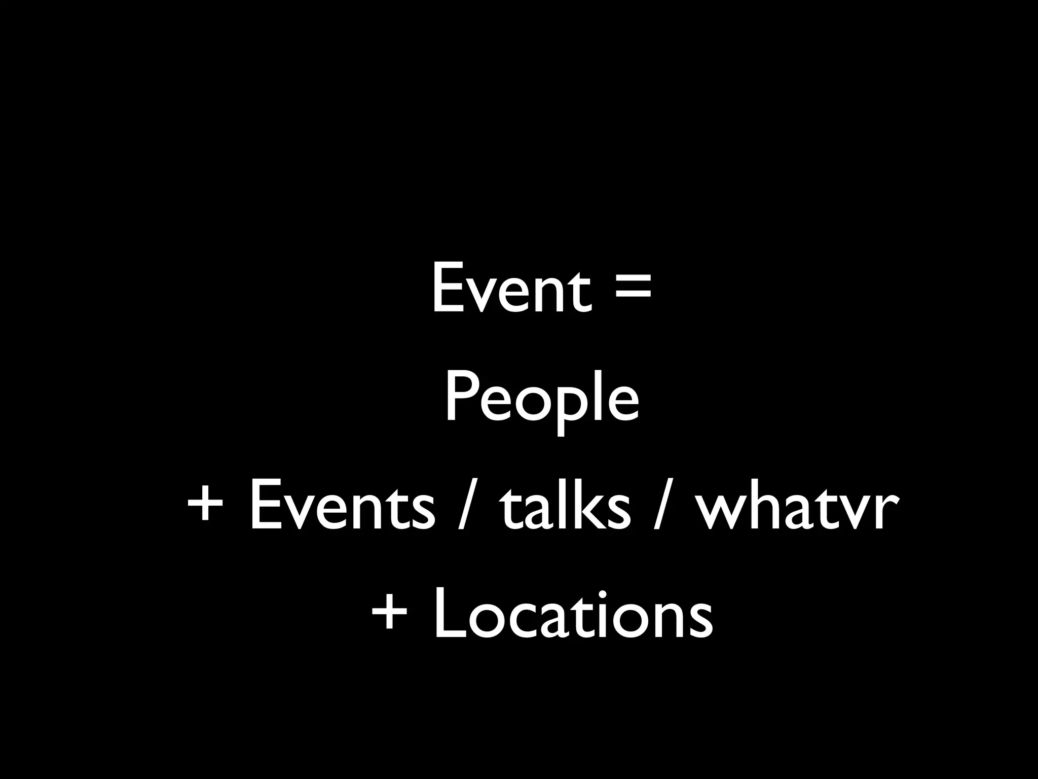 Event =
        People
+ Events / talks / whatvr
      + Locations
 