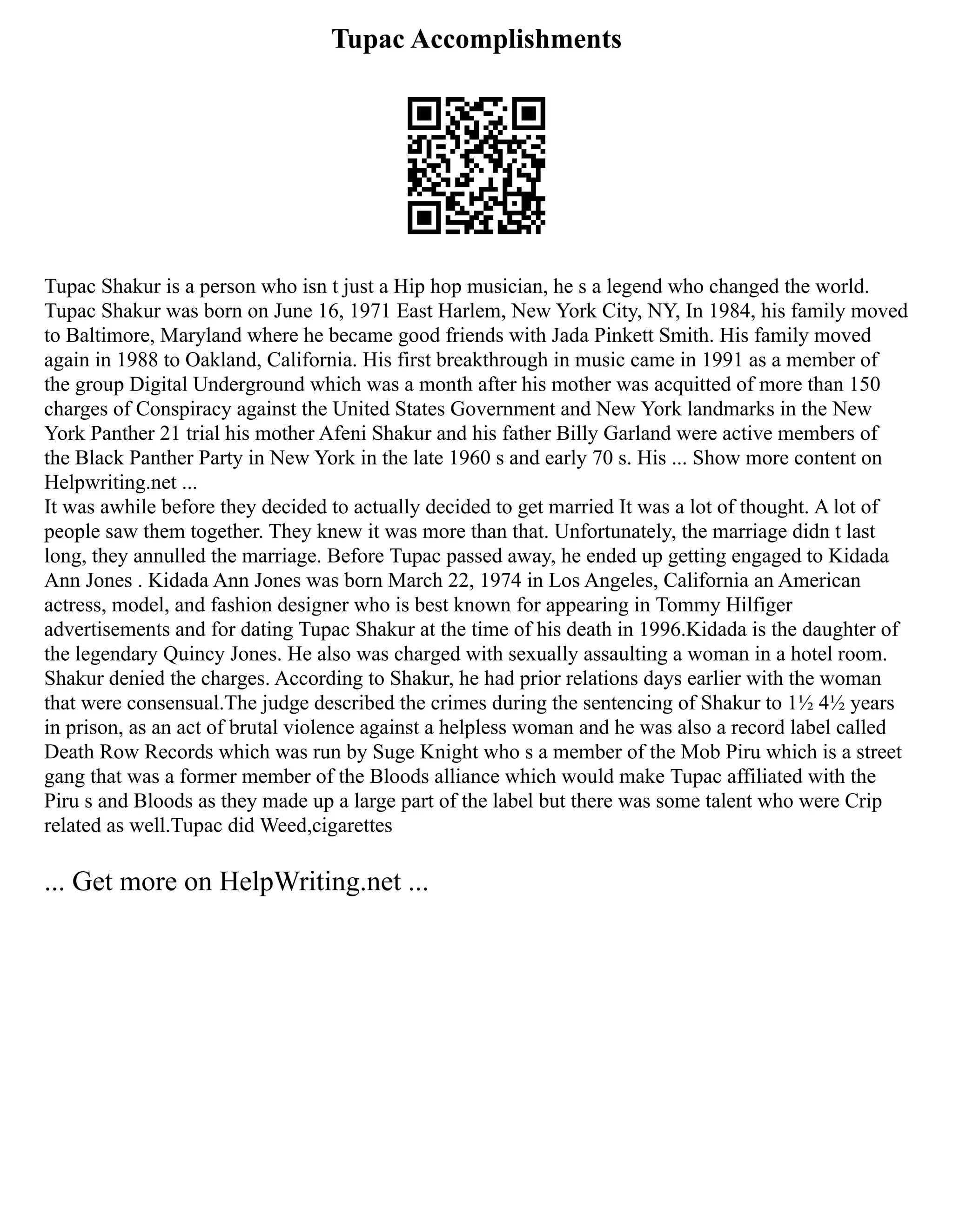 Tupac Accomplishments
Tupac Shakur is a person who isn t just a Hip hop musician, he s a legend who changed the world.
Tupac Shakur was born on June 16, 1971 East Harlem, New York City, NY, In 1984, his family moved
to Baltimore, Maryland where he became good friends with Jada Pinkett Smith. His family moved
again in 1988 to Oakland, California. His first breakthrough in music came in 1991 as a member of
the group Digital Underground which was a month after his mother was acquitted of more than 150
charges of Conspiracy against the United States Government and New York landmarks in the New
York Panther 21 trial his mother Afeni Shakur and his father Billy Garland were active members of
the Black Panther Party in New York in the late 1960 s and early 70 s. His ... Show more content on
Helpwriting.net ...
It was awhile before they decided to actually decided to get married It was a lot of thought. A lot of
people saw them together. They knew it was more than that. Unfortunately, the marriage didn t last
long, they annulled the marriage. Before Tupac passed away, he ended up getting engaged to Kidada
Ann Jones . Kidada Ann Jones was born March 22, 1974 in Los Angeles, California an American
actress, model, and fashion designer who is best known for appearing in Tommy Hilfiger
advertisements and for dating Tupac Shakur at the time of his death in 1996.Kidada is the daughter of
the legendary Quincy Jones. He also was charged with sexually assaulting a woman in a hotel room.
Shakur denied the charges. According to Shakur, he had prior relations days earlier with the woman
that were consensual.The judge described the crimes during the sentencing of Shakur to 1½ 4½ years
in prison, as an act of brutal violence against a helpless woman and he was also a record label called
Death Row Records which was run by Suge Knight who s a member of the Mob Piru which is a street
gang that was a former member of the Bloods alliance which would make Tupac affiliated with the
Piru s and Bloods as they made up a large part of the label but there was some talent who were Crip
related as well.Tupac did Weed,cigarettes
... Get more on HelpWriting.net ...
 