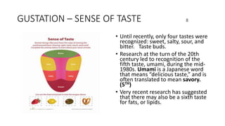 GUSTATION – SENSE OF TASTE 8
• Until recently, only four tastes were
recognized: sweet, salty, sour, and
bitter. Taste buds.
• Research at the turn of the 20th
century led to recognition of the
fifth taste, umami, during the mid-
1980s. Umami is a Japanese word
that means “delicious taste,” and is
often translated to mean savory.
(5TH)
• Very recent research has suggested
that there may also be a sixth taste
for fats, or lipids.
 