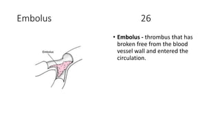 Embolus 26
• Embolus - thrombus that has
broken free from the blood
vessel wall and entered the
circulation.
 