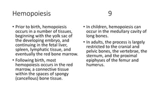 Hemopoiesis 9
• Prior to birth, hemopoiesis
occurs in a number of tissues,
beginning with the yolk sac of
the developing embryo, and
continuing in the fetal liver,
spleen, lymphatic tissue, and
eventually the red bone marrow.
• Following birth, most
hemopoiesis occurs in the red
marrow, a connective tissue
within the spaces of spongy
(cancellous) bone tissue.
• In children, hemopoiesis can
occur in the medullary cavity of
long bones.
• In adults, the process is largely
restricted to the cranial and
pelvic bones, the vertebrae, the
sternum, and the proximal
epiphyses of the femur and
humerus.
 