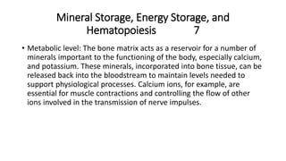 Mineral Storage, Energy Storage, and
Hematopoiesis 7
• Metabolic level: The bone matrix acts as a reservoir for a number of
minerals important to the functioning of the body, especially calcium,
and potassium. These minerals, incorporated into bone tissue, can be
released back into the bloodstream to maintain levels needed to
support physiological processes. Calcium ions, for example, are
essential for muscle contractions and controlling the flow of other
ions involved in the transmission of nerve impulses.
 
