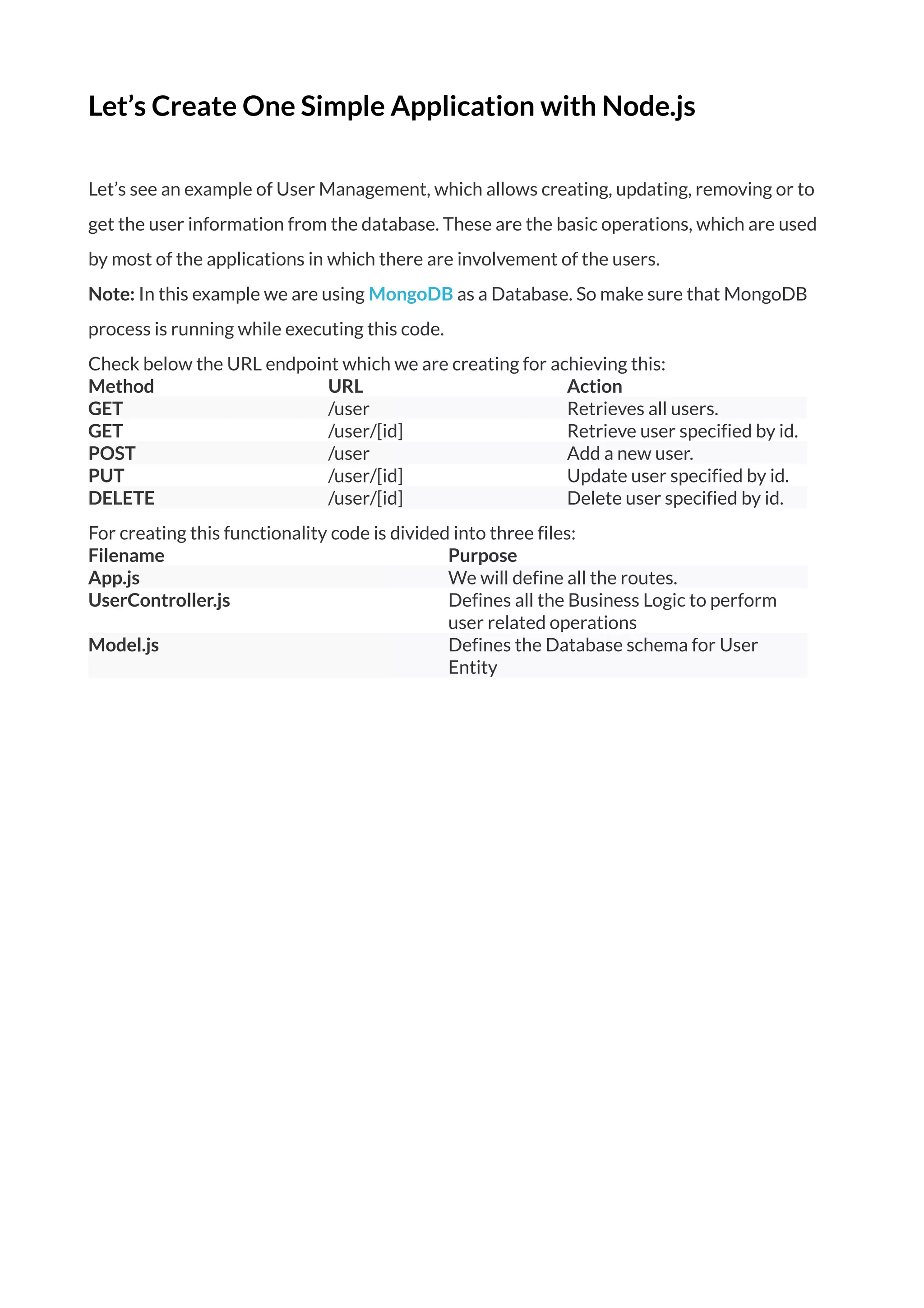 Let’s Create One Simple Application with Node.js
Let’s see an example of User Management, which allows creating, updating, removing or to
get the user information from the database. These are the basic operations, which are used
by most of the applications in which there are involvement of the users.
Note: In this example we are using MongoDB as a Database. So make sure that MongoDB
process is running while executing this code.
Check below the URL endpoint which we are creating for achieving this:
Method URL Action
GET /user Retrieves all users.
GET /user/[id] Retrieve user specified by id.
POST /user Add a new user.
PUT /user/[id] Update user specified by id.
DELETE /user/[id] Delete user specified by id.
For creating this functionality code is divided into three files:
Filename Purpose
App.js We will define all the routes.
UserController.js Defines all the Business Logic to perform
user related operations
Model.js Defines the Database schema for User
Entity
 