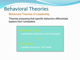 Behavioral Theories
Behavioral Theory
Leadership behaviors can be taught.
vs.
Trait Theory
Leaders are born, not made.
Behavioral Theories of Leadership
Theories proposing that specific behaviors differentiate
leaders from nonleaders
 