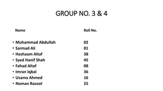 GROUP NO. 3 & 4
Name
• Muhammad Abdullah
• Sarmad Ali
• Hashaam Altaf
• Syed Hanif Shah
• Fahad Altaf
• Imran Iqbal
• Usama Ahmed
• Noman Rasool
Roll No.
02
01
38
45
08
36
16
25
 