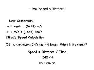 Time, Speed & Distance
Unit Conversion:
➢ 1 km/h = (5/18) m/s
➢ 1 m/s = (18/5) km/h
Basic Speed Calculation
1️
1️
1️
1️
1️
1️
1️
1️
1️
1️
1️
1️
1️
1️
1️
Q1: A car covers 240 km in 4 hours. What is its speed?
Speed = Distance / Time
= 240 / 4
=60 km/hr
 