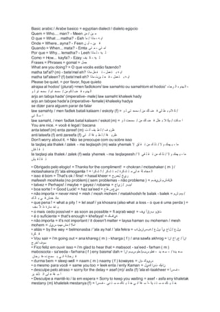 Basic arabic / Arabe basico = egyptian dialect / dialeto egipcio
Quem = Who.... man? - Meen ‫من‬ / ‫ين‬ ‫م‬
O que = What ... matha? - Eeh ‫ما‬ / ‫ماذا‬ - ‫ه‬ ‫اي‬
Onde = Where.. ayna? - Feen ‫ن‬ ‫أي‬ - ‫ين‬ ‫ف‬
Quando = When... mata? - Emta ‫تى‬ ‫م‬ - ‫تي‬ ‫ام‬
Por que = Why... lematha? - Leeh ‫ماذا‬ ‫ل‬ - ‫يه‬ ‫ل‬
Como = How... kayfa? - Ezay ‫يف‬ ‫ك‬ - ‫يه‬ ‫ل‬
Frases = Phrases = gomal = ‫جمل‬
What are you doing? = O que vocês estão fazendo?
matha taf'al? (m) - bete'mel eh? ‫ماذا‬ ‫عل‬ ‫ف‬ ‫ت‬ - ‫عمل‬ ‫ت‬ ‫ب‬ ‫ه‬ ‫اي‬
matha taf'aleen? (f) bete'meli eh? ‫ماذا‬ ‫ينت‬ ‫ل‬ ‫ع‬ ‫ف‬ - ‫عمل‬ ‫ت‬ ‫ب‬ ‫ه‬ ‫اي‬
Please be quiet. = por favor, fique quieto
alrajaa al hodoo' (plural) =men fadlokom/ law samahto ou samahtom el hodoo' ‫رجاء‬ ‫ال‬ ‫هدوء‬ ‫ال‬ -
‫و‬ ‫ل‬ ‫تو‬ ‫سمح‬ / ‫تم‬ ‫سمح‬ / ‫من‬ ‫كم‬ ‫ل‬ ‫ض‬ ‫ف‬ ‫هدوء‬ ‫ال‬
arjo an tabqa hade' (imperative- male) law samaht khaleek hady
arjo an tabqee hade'a (imperative- female) khaleeky hadya
se dizer para alguem parar de falar
law samahty / men fadlek batali kalaam / eskoty (f) = ‫و‬ ‫ل‬ ‫تي‬ ‫سمح‬ / ‫من‬ ‫لك‬ ‫ض‬ ‫ف‬ ‫لي‬ ‫ط‬ ‫ب‬ ‫الم‬ ‫ك‬ /
‫تي‬ ‫ك‬ ‫س‬ ‫ا‬
law samaht, / men fadlak batal kalaam / eskot (m) = ‫و‬ ‫ل‬ ‫سمحت‬ / ‫من‬ ‫لك‬ ‫ض‬ ‫ف‬ ‫طل‬ ‫ب‬ ‫ال‬ ‫مك‬ / ‫كت‬ ‫س‬ ‫ا‬
You are nice. = você é legal / bacana
anta lateef (m) enta zareef (m) ‫ت‬ ‫أن‬ ‫يف‬ ‫ط‬ ‫ل‬ / ‫ف‬ ‫ظري‬
anti lateefa (f) enti zareefa (f) ‫تي‬ ‫أن‬ ‫فة‬ ‫ي‬ ‫ط‬ ‫ل‬ / ‫فة‬ ‫ظري‬
Don't worry about it. = Não se preocupe com ou sobre isso
la taqlaq ala thalek / zalek - ma teqlaqsh (m) wala yhemak ‫ال‬ ‫لق‬ ‫ق‬ ‫ت‬ ‫من‬ ‫ك‬ ‫ذل‬ / ‫ال‬ ‫و‬ ‫همك‬ ‫ي‬ - ‫ما‬
‫قش‬ ‫ل‬ ‫ق‬ ‫ت‬
la taqlaqi ala thalek / zalek (f) wala yhemek - ma teqlaqeesh / ‫ال‬ ‫قي‬ ‫ل‬ ‫ق‬ ‫ت‬ ‫من‬ ‫ك‬ ‫ذل‬ / ‫ال‬ ‫و‬ ‫همك‬ ‫ي‬ - ‫ما‬
‫يش‬ ‫ق‬ ‫ل‬ ‫ق‬ ‫ت‬
• Obrigado pelo elogio! = Thanks for the compliment! = chokran / motashaker ( m ) /
motashakera (f) 'ala elmogamla ! = ‫كرا‬ ‫ش‬ ! / ‫كر‬ ‫ش‬ ‫ت‬ ‫م‬ / ‫كرة‬ ‫ش‬ ‫ت‬ ‫م‬ ‫لى‬ ‫ع‬ ‫لة‬ ‫مجام‬ ‫ال‬
• isso é bom = That's ok / fine! = hasal kheer = ‫لصح‬ ‫ريخ‬
mafeesh moshkela (no problem) ( sem problemas - não problema ) = ‫شيفم‬ ‫ةلكشم‬
• talvez = Perhaps! / maybe = gayez / robama = ‫زياج‬ / ‫امبر‬
• boa sorte ! = Good Luck! = haz sa'eed = ‫ظح‬ ‫ديعس‬
• não importa = never mind = mish / mosh mohem / matakhodsh fe balak - balek = ‫شم‬ ‫مهم‬ /
‫ك‬ ‫ال‬ ‫ب‬ ‫ي‬ ‫ف‬ ‫خدش‬ ‫مات‬
• que pena ! = what a pity ! = lel asaf / ya khosara (also what a loss - o que é uma perda ) =
‫سف‬ ‫أل‬ ‫-ل‬ ‫سارة‬ ‫اخ‬ ‫ي‬
• o mais cedo possível = as soon as possible = fi aqrab waqt = ‫يف‬ ‫برقأ‬ ‫تقو‬
• é o suficiente = that's enough = khefaya! = ‫ةيافك‬
• não importa = it's not important / it doesn't matter = laysa haman ou moheman / mesh
mohem = ‫سيل‬ ‫مهمه‬ ‫مش‬ / !‫اما‬
• aliás = by the way = belmonasba / 'ala ay hal / 'ala fekra = ‫ةبسانملاب‬ / ‫ىلع‬ ‫يأ‬ ‫لاح‬ / ‫ىلع‬
‫كرة‬ ‫ف‬
• Vou sair = i'm going out = ana khareg ( m ) - kharga ( f ) / ana sawfa akhrog = ‫انا‬ ‫جراخ‬ / ‫انأ‬
‫أخرج‬ ‫سوف‬
• Fico feliz em ouvir isso = i'm glad to hear that = mabsoot - sa'eed - farhan ( m )
mabosoota - sa'eeda - farhana ( f ) eny basma' dah = ‫انأ‬ ‫طوسبم‬ /‫ةطوسبم‬ - ‫يد‬ ‫ع‬ ‫س‬ - / ‫يدة‬ ‫ع‬ ‫س‬
‫رحان‬ ‫-ف‬ ‫ده‬ ‫ع‬‫سم‬ ‫ب‬ ‫ي‬ ‫ان‬ ‫ة‬ ‫رحان‬ ‫ف‬
• durma bem = sleep well = naam ( m ) naamy ( f ) kowayes = ‫مان‬ ‫سيوك‬
• o mesmo para você = same you too = leek enta / enty Kaman = ‫كيل‬ ‫تنا‬ ‫نامك‬
• desculpe pelo atraso = sorry for the delay = asef (m)/ asfa (f) 'ala el-taakheer = ‫فسآ‬ -
‫ير‬ ‫تأخ‬ ‫ال‬ ‫لى‬ ‫ع‬ ‫فة‬ ‫س‬ ‫آ‬
• Desculpe a mantê-lo / la em espera = Sorry to keep you waiting = asef - asfa eny khaletak
mestany (m) khaletek mestanya (f) = ‫فسآ‬ - ‫ني‬ ‫ت‬ ‫س‬ ‫م‬ ‫تاك‬ ‫ي‬ ‫ل‬ ‫خ‬ ‫ي‬ ‫ان‬ ‫فة‬ ‫س‬ ‫-آ‬ ‫ية‬ ‫ن‬ ‫ت‬ ‫س‬ ‫م‬ ‫تك‬ ‫ي‬ ‫ل‬ ‫خ‬
 