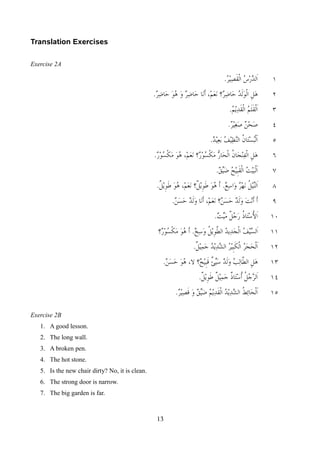 ‫‪Translation Exercises‬‬

‫‪Exercise 2A‬‬

                                                                            ‫الدرس القصير.‬      ‫١‬
                                                 ‫هل الولد حاضر؟ نعم، أنا حاضر و هو حاضر.‬       ‫٢‬
                                                                               ‫القلم القديم.‬   ‫٣‬
                                                                              ‫صحن صغير.‬        ‫٤‬
                                                                       ‫البستان النظيف بعيد.‬    ‫٥‬
                                                 ‫هل الفنجان الحا 7 مكسور؟ نعم، هو مكسور.‬
                                                                       ‫ر‬                       ‫٦‬
                                                                         ‫البيت القبيح ض‪H‬ق.‬
                                                                           ‫ي‬                   ‫٧‬
                                                  ‫ال‪H‬يل نهر واسع. أ هو طويل؟ نعم، هو طويل.‬
                                                                                       ‫ن‬       ‫٨‬
                                                        ‫أ أنت ولد حسن؟ نعم، أنا ولد حسن.‬       ‫٩‬
                                                                        ‫ا ‪I‬ستاذ رجل م‪H‬ت.‬
                                                                          ‫ي‬          ‫ل‬         ‫٠١‬
                                                  ‫السيف الجديد ال ‪B‬ويل وسخ. أ هو مكسور؟‬
                                                                      ‫ط‬                        ‫١١‬
                                                                ‫الحجر الكبير الشديد جميل.‬      ‫٢١‬
                                                    ‫هل ال ‪B‬الب ولد س‪H‬ئ قبيح؟ ل، هو حسن.‬
                                                                      ‫ي‬         ‫ط‬              ‫٣١‬
                                                                  ‫الرجل أستاذ جميل طويل.‬       ‫٤١‬
                                                         ‫الحائط الشديد القديم ض‪H‬ق و قصير.‬
                                                                  ‫ي‬                            ‫٥١‬

‫‪Exercise 2B‬‬
   ‫.‪1. A good lesson‬‬
   ‫.‪2. The long wall‬‬
   ‫.‪3. A broken pen‬‬
   ‫.‪4. The hot stone‬‬
   ‫.‪5. Is the new chair dirty? No, it is clean‬‬
   ‫.‪6. The strong door is narrow‬‬
   ‫.‪7. The big garden is far‬‬



                                                  ‫31‬
 