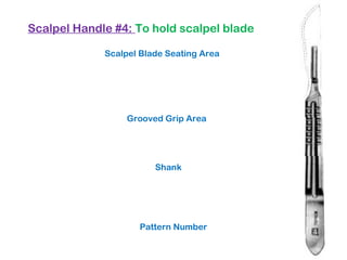 Scalpel Handle #4: To hold scalpel blade
Scalpel Blade Seating Area
Grooved Grip Area
Shank
Pattern Number
 