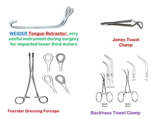 WEIDER Tongue Retractor: very
useful instrument during surgery
for impacted lower third molars
Jones Towel
Clamp
Foerster Dressing Forceps Backhaus Towel Clamp
 