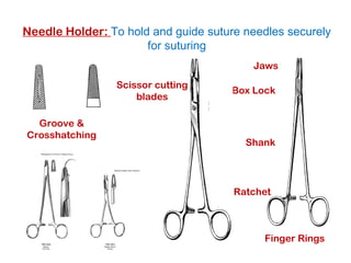 Needle Holder: To hold and guide suture needles securely
for suturing
Groove &
Crosshatching
Jaws
Box Lock
Shank
Ratchet
Finger Rings
Scissor cutting
blades
 
