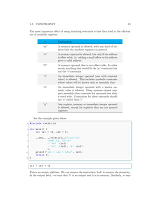 1.5. CONSTRAINTS 13
The most important effect of using matching restraints is that they lead to the efficient
use of available registers.
r Explanation
“m” A memory operand is allowed, with any kind of ad-
dress that the machine supports in general
“o” A memory operand is allowed, but only if the address
is offset table, i.e. adding a small offset to the address
gives a valid address
“V” A memory operand that is not offset table. In other
words, anything that would fit the ‘m’ constraint but
not the ‘o’constraint
“i” An immediate integer operand (one with constant
value) is allowed. This includes symbolic constants
whose values will be known only at assembly time
“n” An immediate integer operand with a known nu-
meric value is allowed. Many systems cannot sup-
port assembly-time constants for operands less than
a word wide. Constraints for these operands should
use ‘n’ rather than ‘i’
“g” Any register, memory or immediate integer operand
is allowed, except for registers that are not general
registers
See the example given below:
✞
1 #include <stdio.h>
3 int main () {
int in1 = 10, in2 = 5;
5
__asm__ __volatile__ ("lock ;n"
7 "addl %1, %0; n"
: "=m" (in1)
9 : "ir" (in2), "m" (in1)
);
11 printf("in1 + in2 = %dn", in2);
return 0;
13 }
✌
✆
✞
in1 + in2 = 15
✌
✆
This is an atomic addition. We can remove the instruction ‘lock’ to remove the atomicity.
In the output field, =m says that ‘b’ is an output and it is in memory. Similarly, ir says
 