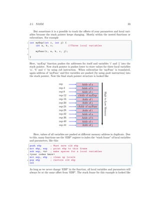 2.1. NASM 33
But sometimes it is a possible to track the offsets of your parameters and local vari-
ables because the stack pointer keeps changing. Mostly within the nested functions or
subroutines. For example
✞
1 int myExp(int i, int j) {
int a, b, c; // Three local variables
3
myFunc(i, a, b, c, j);
5
}
✌
✆
Here, ‘myExp’ function pushes the addresses for itself and variables ‘i’ and ‘j’ into the
stack pointer. Now stack pointer is pushes lower to store values for three local variables
‘a’, ‘b’ and ‘c’ by using sub instruction. When subroutine for ‘myFunc’ is translated,
again address of ‘myFunc’ and five variables are pushed (by using push instruction) into
the stack pointer. Now the final stack pointer structure is looked like
esp
esp-4
esp-8
esp-12
esp-16
esp-20
esp-24
esp-28
esp-32
esp-36
esp-40
esp-44
Addr of a
Addr of b
Addr of c
rAddr of myExp
Addr of i
Addr of j
rAddr of myFunc
Addr of i
Addr of a
Addr of b
Addr of c
Addr of j
High
to
Low
Memory
Here, values of all variables are pushed at different memory address in duplicate. Due
to this, many functions use the ‘EBP’ register to index the “stack frame” of local variables
and parameters, like this:
✞
push ebp ; Must save old ebp
2 mov ebp , esp ; point ebp to this frame
sub esp , <n> ; make spaces for n local variables
4 <your codes here >
mov esp , ebp ; clean up locals
6 pop ebp ; restore old ebp
ret
✌
✆
As long as we never change ‘EBP’ in the function, all local variables and parameters will
always be at the same offset from ‘EBP’. The stack frame for this example is looked like
 