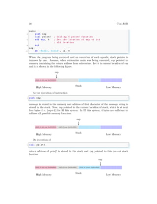 38 C in ASM
main :
5 push msg
call printf ; Calling C printf function
7 add esp , 4 ; Set the location of esp to its
; old location
9 ret
msg:
11 db ’Hello , World’, 10, 0
✌
✆
When the program being executed and on execution of each opcode, stack pointer is
incrases by one. Assume, when subroutine main was being executed, esp pointed to
memory containing the return address from subroutine. Let it is current location of esp
and it is shown in the following figure.
rAdd of old esp (0xff00ff00)
esp
Stack
High Memory Low Memory
At the execution of instruction
✞
1 push msg
✌
✆
message is stored in the memory and address of first character of the message string is
stored in the stack. Now, esp pointed to the current location of stack, which is at next
four bytes (i.e. [esp+4]) for 32 bits system. In 32 bits system, 4 bytes are sufficient to
address all possible memory locations.
rAdd of old esp (0xff00ff00) Add of msg (0xffeeff00)
esp
Stack
High Memory Low Memory
On execution of
✞
1 call printf
✌
✆
return address of printf is stored in the stack and esp pointed to this current stack
location.
rAdd of old esp (0xff00ff00) Add of msg (0xffeeff00) rAdd of printf (0xffeeffdd)
esp
Stack
High Memory Low Memory
 