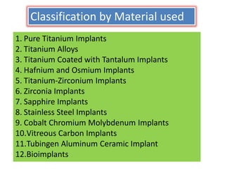 Classification by Material used
1. Pure Titanium Implants
2. Titanium Alloys
3. Titanium Coated with Tantalum Implants
4. Hafnium and Osmium Implants
5. Titanium-Zirconium Implants
6. Zirconia Implants
7. Sapphire Implants
8. Stainless Steel Implants
9. Cobalt Chromium Molybdenum Implants
10.Vitreous Carbon Implants
11.Tubingen Aluminum Ceramic Implant
12.Bioimplants
 
