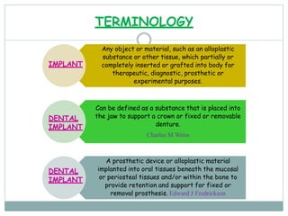 TERMINOLOGY
Any object or material, such as an alloplastic
substance or other tissue, which partially or
completely inserted or grafted into body for
therapeutic, diagnostic, prosthetic or
experimental purposes.
Can be defined as a substance that is placed into
the jaw to support a crown or fixed or removable
denture.
Charles M Weiss
A prosthetic device or alloplastic material
implanted into oral tissues beneath the mucosal
or periosteal tissues and/or within the bone to
provide retention and support for fixed or
removal prosthesis. Edward J Fredrickson
IMPLANT
DENTAL
IMPLANT
DENTAL
IMPLANT
 