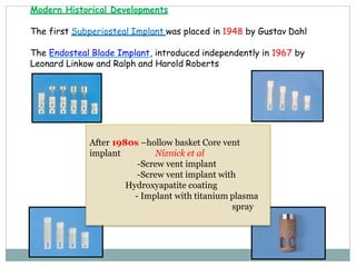 Modern Historical Developments
The first Subperiosteal Implant was placed in 1948 by Gustav Dahl
The Endosteal Blade Implant, introduced independently in 1967 by
Leonard Linkow and Ralph and Harold Roberts
After 1980s –hollow basket Core vent
implant Niznick et al
-Screw vent implant
-Screw vent implant with
Hydroxyapatite coating
- Implant with titanium plasma
spray
 