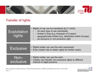 Transfer of rights
• Rights of use can be transfered (§ 31 UrhG)
• … for each type of use individually
• … limited in time (e.g. timespan of 5 years)
• … geographically limited (e.g. distribution within Europe)
• … as exclusive or non-exclusive right
Exploitation
rights
• Rights holder can use the work exclusively
• Even creator has to obtain rights for further use(s)Exclusive
• Rights holder can use the work
• Creator can transfer non-exclusive rights to different
(natural or legal) persons
Non-
exclusive
Basic aspects of Open Access | Pascal-Nicolas Becker | DWZ Roundtable OA | Cairo, 22.07.2015
Slide 17
 