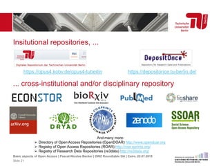 Insitutional repositories, ...
https://opus4.kobv.de/opus4-tuberlin https://depositonce.tu-berlin.de/
Basic aspects of Open Access | Pascal-Nicolas Becker | DWZ Roundtable OA | Cairo, 22.07.2015
Slide 21
... cross-institutional and/or disciplinary repository
And many more:
 Directory of Open Access Repositories (OpenDOAR) http://www.opendoar.org
 Registry of Open Access Repositories (ROAR) http://roar.eprints.org/
 Registry of Research Data Repositories (re3data) http://re3data.org/
 