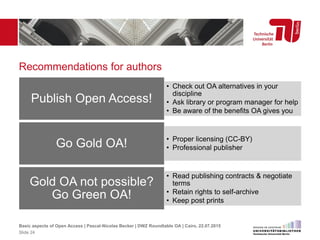 Recommendations for authors
• Check out OA alternatives in your
discipline
• Ask library or program manager for help
• Be aware of the benefits OA gives you
Publish Open Access!
• Proper licensing (CC-BY)
• Professional publisherGo Gold OA!
• Read publishing contracts & negotiate
terms
• Retain rights to self-archive
• Keep post prints
Gold OA not possible?
Go Green OA!
Basic aspects of Open Access | Pascal-Nicolas Becker | DWZ Roundtable OA | Cairo, 22.07.2015
Slide 24
 