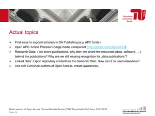 Actual topics
 Find ways to support scholars in OA Publishing (e.g. APC funds)
 Open APC: Article Process Charge made transparent (http://github.com/OpenAPC/)
 Research Data: If we share publications, why don‘t we share the resources (data, software, …)
behind the publications? Why are we still missing recognition for „data publications“?
 Linked Data: Export repository contents to the Semantic Web. How can it be used elsewhere?
 And still: Convince authors of Open Access, create awareness, …
Basic aspects of Open Access | Pascal-Nicolas Becker | DWZ Roundtable OA | Cairo, 22.07.2015
Slide 29
 