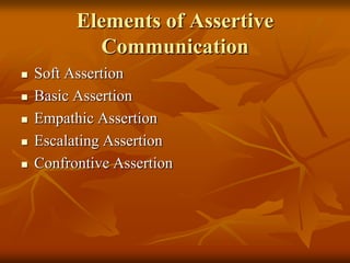 Elements of Assertive
            Communication
   Soft Assertion
   Basic Assertion
   Empathic Assertion
   Escalati...