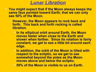 Lunar Libration You might expect that if the Moon always keeps the same face pointed toward Earth, that we can only see 50% of the Moon. However, the Moon appears to rock back and forth.  This back and forth rocking is called libration. In its elliptical orbit around Earth, the Moon moves faster when close to the Earth and slower when farther.  Since its rotation is fairly constant, we get to see a little bit around each edge. In addition, the orbit of the Moon is tilted with respect to the ecliptic, so we get to see somewhat beyond the poles as the Moon moves above and below the ecliptic. 59% of the Moon is visible to us on Earth. 