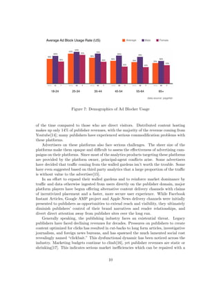 Figure 7: Demographics of Ad Blocker Usage
of the time compared to those who are direct visitors. Distributed content hosting
makes up only 14% of publisher revenues, with the majority of the revenue coming from
Youtube[14]; many publishers have experienced serious commodification problems with
these platforms.
Advertisers on these platforms also face serious challenges. The sheer size of the
platforms make them opaque and difficult to assess the effectiveness of advertising cam-
paigns on their platforms. Since most of the analytics products targeting these platforms
are provided by the platform owner, principal-agent conflicts arise. Some advertisers
have decided that traffic coming from the walled gardens isn’t worth the trouble. Some
have even suggested based on third party analytics that a large proportion of the traffic
is without value to the advertiser[15].
In an effort to expand their walled gardens and to reinforce market dominance by
traffic and data otherwise ingested from users directly on the publisher domain, major
platform players have begun offering alternative content delivery channels with claims
of incentivized placement and a faster, more secure user experience. While Facebook
Instant Articles, Google AMP project and Apple News delivery channels were initially
presented to publishers as opportunities to extend reach and visibility, they ultimately
diminish publishers’ control of their brand narratives and reader relationships, and
divert direct attention away from publisher sites over the long run.
Generally speaking, the publishing industry faces an existential threat. Legacy
publishers have faced declining revenues for decades. Pressures on publishers to create
content optimized for clicks has resulted in cut-backs to long form articles, investigative
journalism, and foreign news bureaus, and has spawned the much lamented social cost
revealingly named “clickbait.” This dysfunctional dynamic has been noticed across the
industry. Marketing budgets continue to climb[16], yet publisher revenues are static or
shrinking[17]. This indicates serious market inefficiencies which can be repaired with a
10
 