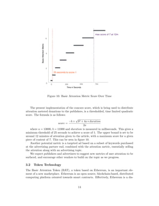 Figure 10: Basic Attention Metric Score Over Time
The present implementation of the concave score, which is being used to distribute
attention metered donations to the publishers, is a thresholded, time limited quadratic
score. The formula is as follows:
score =
−b +
√
b2 + 4a ∗ duration
2a
where a = 13000, b = 11000 and duration is measured in milliseconds. This gives a
minimum threshold of 25 seconds to achieve a score of 1. The upper bound is set to be
around 12 minutes of attention given to the article, with a maximum score for a given
piece of content of 7. This can be seen in figure 10.
Another potential metric is a targeted ad based on a subset of keywords purchased
at the advertising partner end, combined with the attention metric, essentially selling
the attention along with an advertising topic.
We expect publishers and advertisers to suggest new metrics of user attention to be
surfaced, and encourage other vendors to build on the topic as we progress.
3.2 Token Technology
The Basic Attention Token (BAT), a token based on Ethereum, is an important ele-
ment of a new marketplace. Ethereum is an open source, blockchain-based, distributed
computing platform oriented towards smart contracts. Effectively, Ethereum is a dis-
14
 