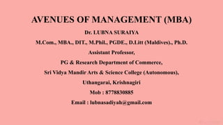 AVENUES OF MANAGEMENT (MBA)
Dr. LUBNA SURAIYA
M.Com., MBA., DIT., M.Phil., PGDE., D.Litt (Maldives)., Ph.D.
Assistant Professor,
PG & Research Department of Commerce,
Sri Vidya Mandir Arts & Science College (Autonomous),
Uthangarai, Krishnagiri
Mob : 8778830885
Email : lubnasadiyah@gmail.com
 