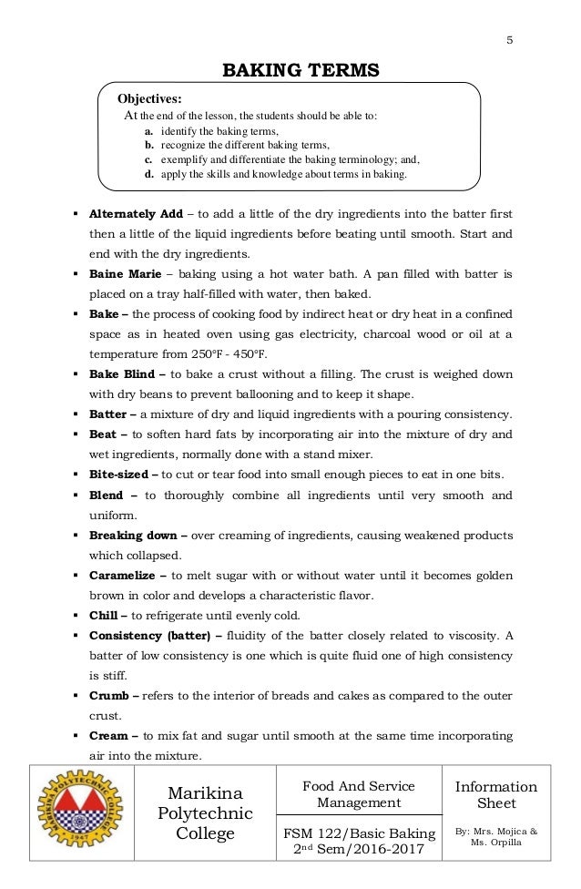 Basic Baking Information Sheet
