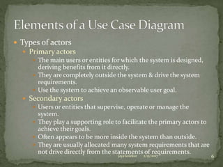  Types of actors
 Primary actors
 The main users or entities for which the system is designed,
deriving benefits from it directly.
 They are completely outside the system & drive the system
requirements.
 Use the system to achieve an observable user goal.
 Secondary actors
 Users or entities that supervise, operate or manage the
system.
 They play a supporting role to facilitate the primary actors to
achieve their goals.
 Often appears to be more inside the system than outside.
 They are usually allocated many system requirements that are
not drive directly from the statements of requirements.
2/15/2017jaya kolekar 6
 