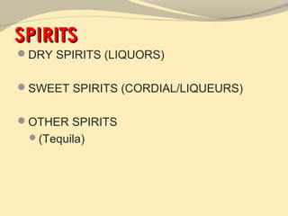 SPIRITS
DRY SPIRITS (LIQUORS)


SWEET SPIRITS (CORDIAL/LIQUEURS)


OTHER SPIRITS
 (Tequila)
 