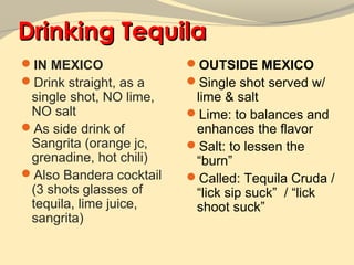 Drinking Tequila
IN MEXICO               OUTSIDE MEXICO
Drink straight, as a    Single shot served w/
 single shot, NO lime,    lime & salt
 NO salt                 Lime: to balances and
As side drink of         enhances the flavor
 Sangrita (orange jc,    Salt: to lessen the
 grenadine, hot chili)    “burn”
Also Bandera cocktail   Called: Tequila Cruda /
 (3 shots glasses of      “lick sip suck” / “lick
 tequila, lime juice,     shoot suck”
 sangrita)
 