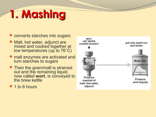 1. Mashing
 converts starches into sugars
 Malt, hot water, adjunct are
  mixed and cooked together at
  low temperatures (up to 76˚C)
 malt enzymes are activated and
  turn starches to sugars
 Then the grain/malt is strained
  out and the remaining liquid,
  now called wort, is conveyed to
  the brew kettle
 1 to 6 hours
 