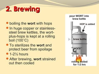 2. Brewing
boiling the wort with hops
In huge copper or stainless-
 steel brew kettles, the wort-
 plus-hops is kept at a rolling
 boil (100˚C)
To sterilizes the wort and
 protect beer from spoilage
1-2½ hours
After brewing, wort strained
 out then cooled
 