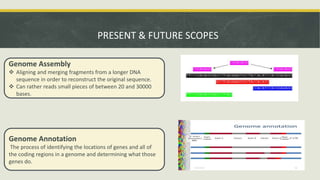 PRESENT & FUTURE SCOPES
Genome Annotation
The process of identifying the locations of genes and all of
the coding regions in a genome and determining what those
genes do.
Genome Assembly
 Aligning and merging fragments from a longer DNA
sequence in order to reconstruct the original sequence.
 Can rather reads small pieces of between 20 and 30000
bases.
 