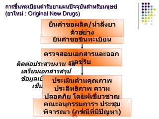 การขึ้นทะเบียนตำรับยาแผนปัจจุบันสำหรับมนุษย์  ( ยาใหม่  : Original New Drugs ) ยื่นคำขอขึ้นทะเบียน ตรวจสอบเอกสารและออกเลขรับ ติดต่อประสานงาน จัดเตรียมเอกสารสรุปข้อมูลเบื้องต้นให้ผู้เชี่ยวชาญ ประเมินด้านคุณภาพ ประสิทธิภาพ ความปลอดภัย โดยผู้เชี่ยวชาญสาขาต่างๆ คณะอนุกรรมการฯ ประชุมพิจารณา  ( กรณีที่มีปัญหา ) ยื่นคำขอผลิต / นำสั่งยาตัวอย่าง A 