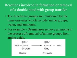 Reactions involved in formation or removal
of a double bond with group transfer
• The functional groups are transferred by the
lyase enzymes which include amino groups,
water, and ammonia.
• For example - Deaminases remove ammonia in
the process of removal of amino groups from
amino acids.
 