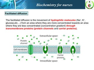 Facilitated diffusion
The facilitated diffusion is the movement of hydrophilic molecules (Na+
, K+
,
glucose,etc…) from an area where they are more concentrated towards an area
where they are less concentrated (concentration gradient) through
transmembrane proteins (protein channels and carrier proteins).
Biochemistry for nurses
 