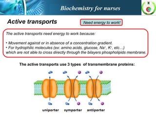 Active transports Need energy to work!
The active transports need energy to work because:
• Movement against or in absence of a concentration gradient.
• For hydrophilic molecules (ex: amino acids, glucose, Na+
, K+
, etc…)
which are not able to cross directly through the bilayers phospholipids membrane.
The active transports use 3 types of transmembrane proteins:
Biochemistry for nurses
 