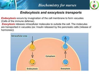 Endocytosis and exocytosis transports
Endocytosis occurs by invagination of the cell membrane to form vacuoles
(Cells of the immune defense).
Exocytosis releases intracellular molecules to outside the cell. The molecules
are transported in vacuoles (ex: Insulin released by the pancreatic cells (release of
hormones))
Biochemistry for nurses
 