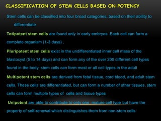 CLASSIFICATION OF STEM CELLS BASED ON POTENCY
Stem cells can be classified into four broad categories, based on their ability to
differentiate
Totipotent stem cells are found only in early embryos. Each cell can form a
complete organism (1-3 days) .
Pluripotent stem cells exist in the undifferentiated inner cell mass of the
blastocyst (5 to 14 days) and can form any of the over 200 different cell types
found in the body. stem cells can form most or all cell types in the adult
Multipotent stem cells are derived from fetal tissue, cord blood, and adult stem
cells. These cells are differentiated, but can form a number of other tissues. stem
cells can form multiple types of cells and tissue types
Unipotent are able to contribute to only one mature cell type but have the
property of self-renewal which distinguishes them from non-stem cells
 