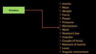 Kinetics
Inertia
Mass
Weight
Force
Power
Pressure
Momentum
Work
Newton’s law
Impulse
Couple of force
Moment of inertia
Lever
Angular momentum
 