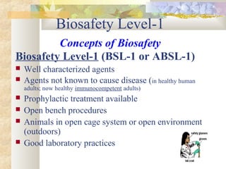 Biosafety Level-1
Concepts of Biosafety
Biosafety Level-1 (BSL-1 or ABSL-1)
 Well characterized agents
 Agents not known to cause disease (in healthy human
adults; now healthy immunocompetent adults)
 Prophylactic treatment available
 Open bench procedures
 Animals in open cage system or open environment
(outdoors)
 Good laboratory practices
 