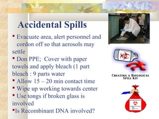 Accidental Spills
 Evacuate area, alert personnel and
cordon off so that aerosols may
settle
 Don PPE; Cover with paper
towels and apply bleach (1 part
bleach : 9 parts water
 Allow 15 – 20 min contact time
 Wipe up working towards center
 Use tongs if broken glass is
involved
Is Recombinant DNA involved?
 